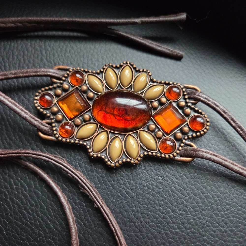 Boho Amber Stone Medallion Tie Belt Brown Faux Leather Western Festival Waist 28